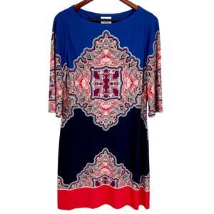 DM Collection Womens Sz 10 Super Stretchy Blue Tropical Business Dress Artsy